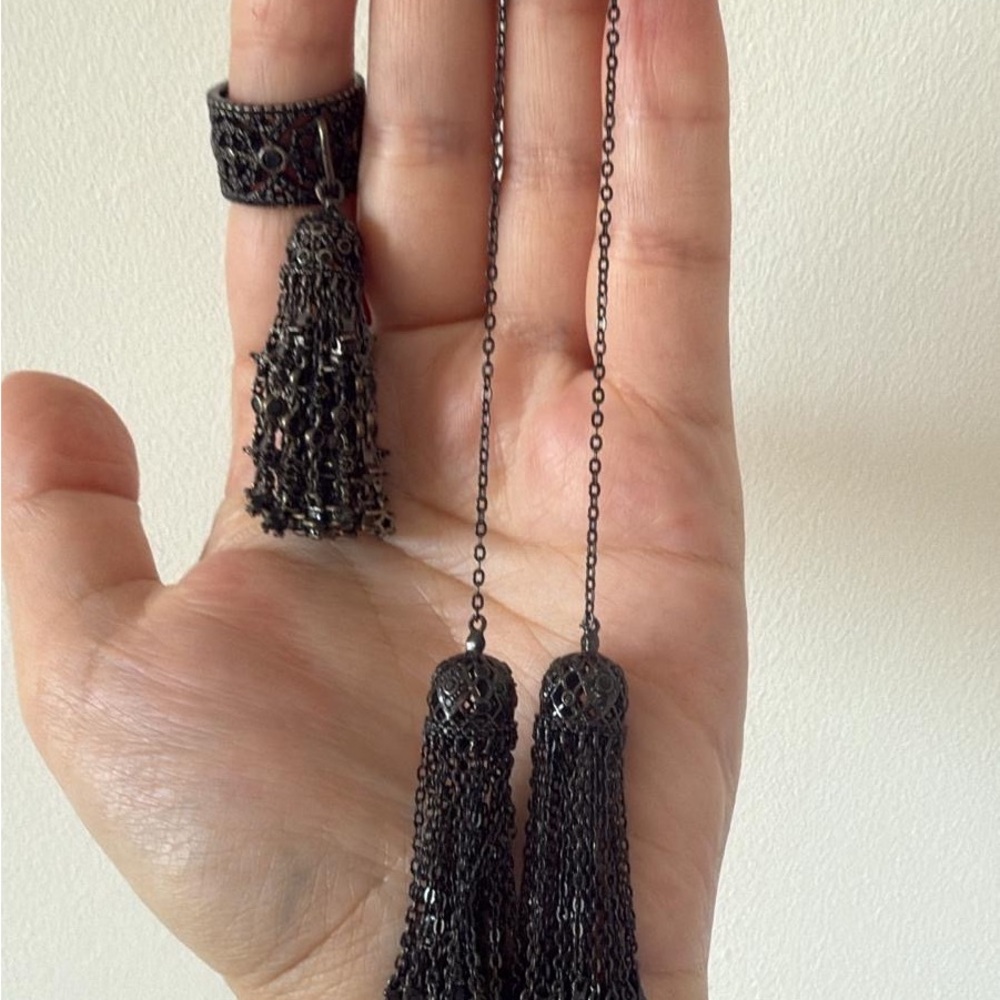 Black Tassel Necklace and Ring Set